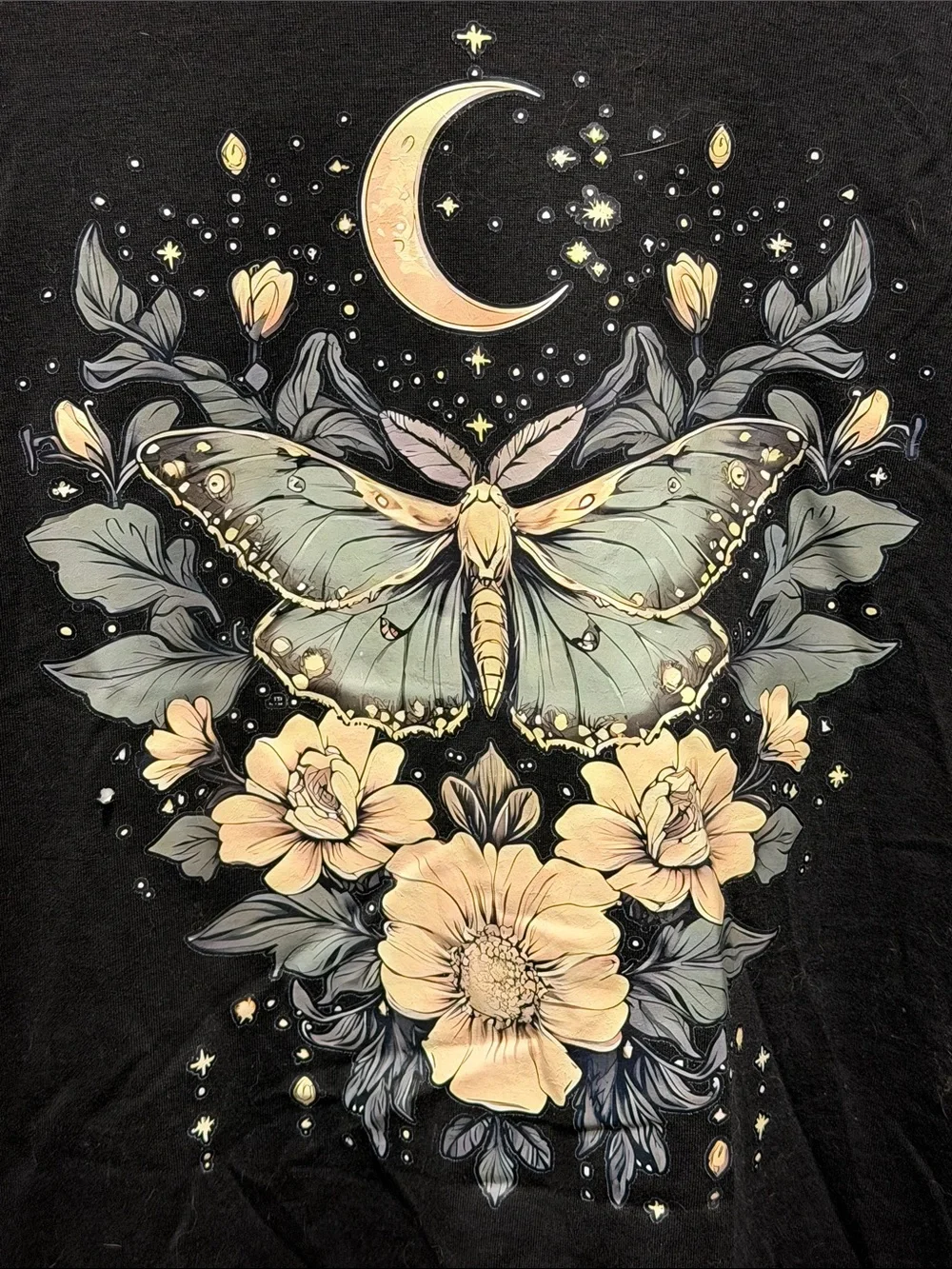 Black Short Sleeve Tee with Moon & Moth Floral Graphic